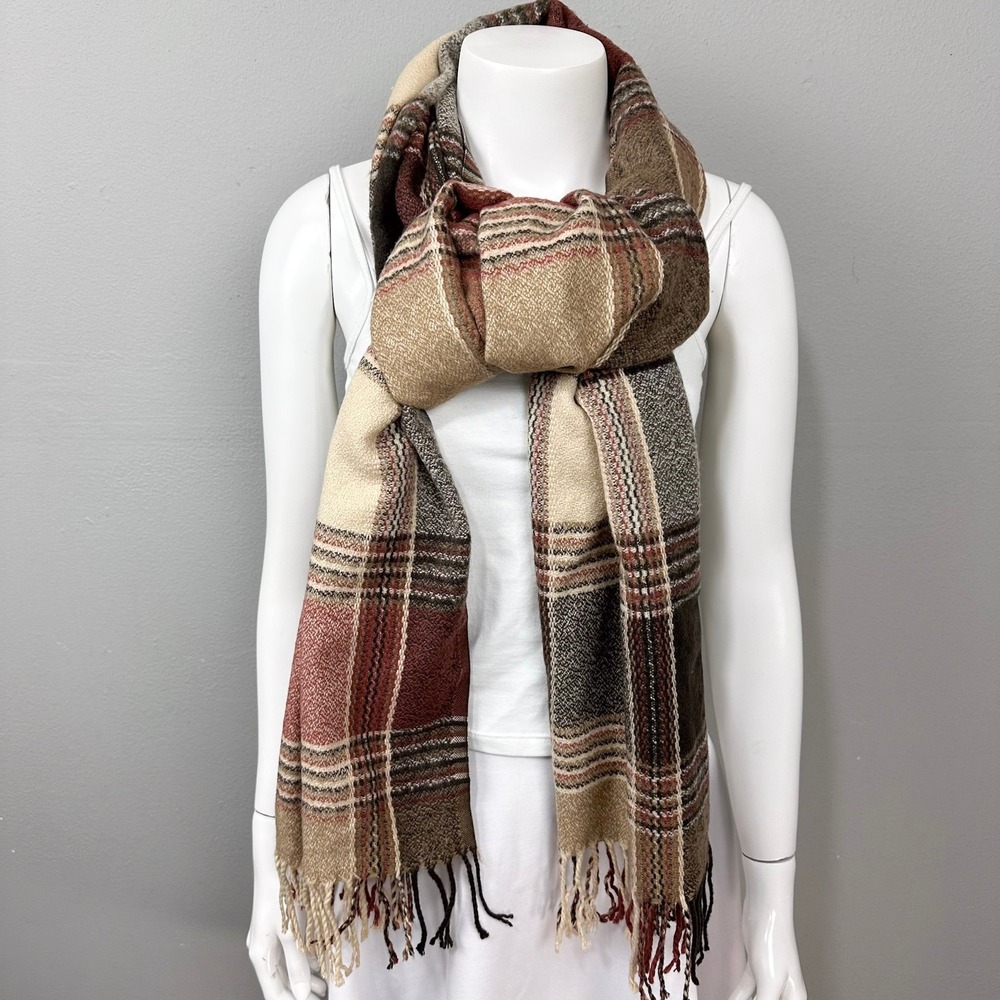 Plaid Scarf Neckwarmer OS Beige Brown Fall Fringe Cozy Fuzzy Soft Long Rectangle - Picture 4 of 6